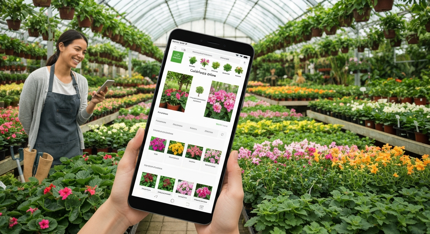 Vivero con plantas diversas y flores coloridas